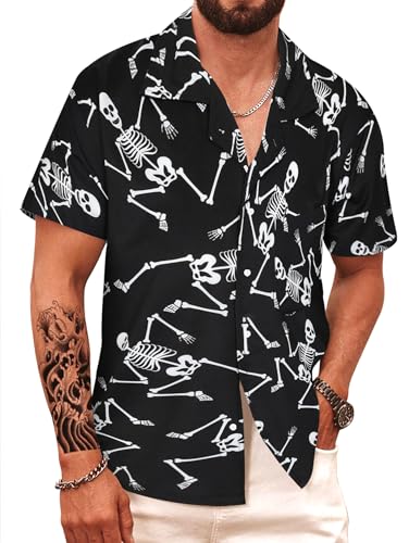 APTRO Herren Hemd Hawaiihemd Kurzarm Hemd Freizeit Urlaub Hemd Reise Shirt Sommer Hemd Skelett F219 XL von APTRO