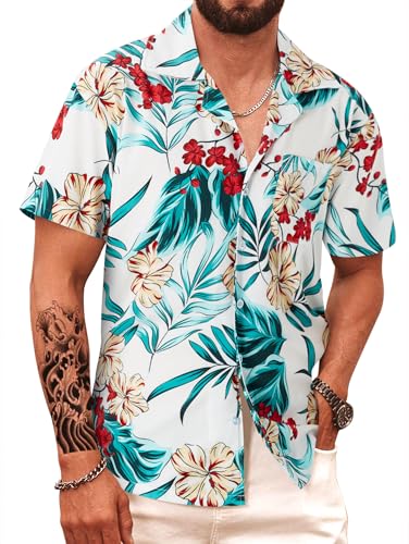APTRO Herren Hemd Hawaiihemd Kurzarm Hemd Freizeit Urlaub Hemd Reise Shirt Sommer Hemd Weiß Blumen F209 3XL von APTRO