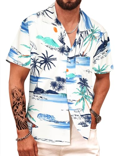 APTRO Herren Hemd Hawaiihemd Kurzarm Hemd Freizeit Urlaub Hemd Reise Shirt Sommer Hemd Weiß F256 4XL von APTRO
