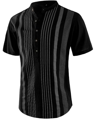 APTRO Herren Hemd Kurzarm Leinenhemd Henley Sommer Hemd Baumwollhemd vertikal gestreiftes Hemd Schwarz L von APTRO