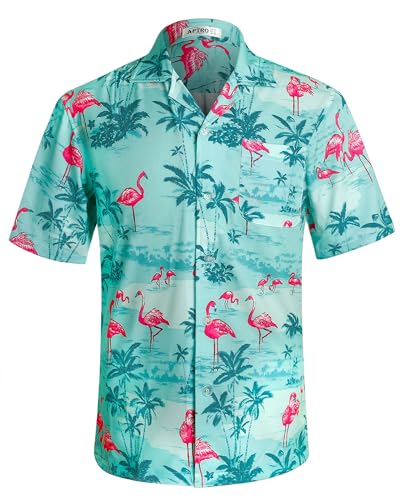 APTRO Herren Hemd Hawaiihemd Strandhemd Kurzarm Urlaub Hemd Freizeit Reise Hemd Party Hemd Flamingo Grün BT020 L von APTRO