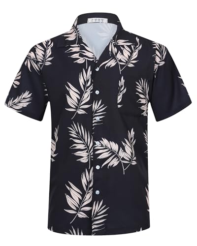 APTRO Herren Hemd Hawaiihemd Freizeit Hemd Kurzarm Urlaub Hemd Reise Shirt Blatt Schwarz HW024 L von APTRO