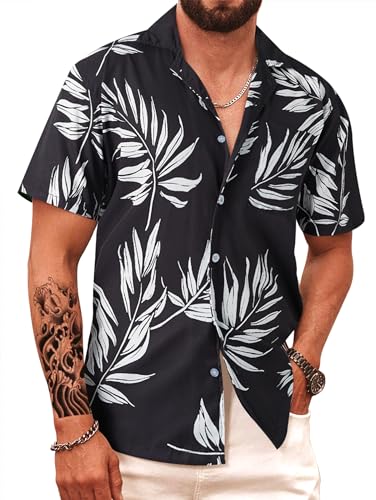 APTRO Herren Hemd Hawaiihemd Kurzarm Hemd Freizeit Urlaub Hemd Reise Shirt Sommer Hemd Blatt Schwarz HW024 L von APTRO