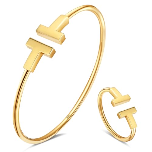 APUUESN Schmuck Set,Armreif Sterling Silber 925 Damen und Ring Gold,Armreifen Goldene Frauen,Zirkon Armband,Buchstabe T Armbänder,Dupes,Geschenk für Freundin,Geburtstag von APUUESN