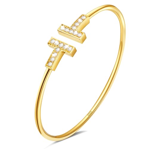 APUUESN Armreifen Sterling Silber Damen,Armreif S925,Goldene Armband Frauen mit Zirkonia,Buchstabe T Armbänder Gold,Schmuck,18.Geburtstag Mädchen,Geschenke für Freundin,Geburtstag,Jahrestag von APUUESN