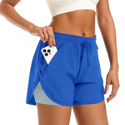 APWKL Damen 2-in-1 Athletic Laufshorts Hohe Taille Workout Casual Gym Sweat Shorts Mesh Comfy Liner Reißverschlusstaschen, Blau, X-Groß APWKL Damen 2-in-1 Athletic Laufshorts Hohe Taille Workout Casual Gym Sweat Shorts Mesh Comfy Liner Reißverschlusstaschen, Blau, X-Groß von APWKL