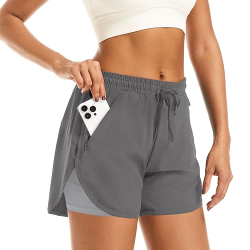 APWKL Damen 2-in-1 Athletic Laufshorts Hohe Taille Workout Casual Gym Sweat Shorts Mesh Comfy Liner Reißverschlusstaschen, GRAU, Klein von APWKL