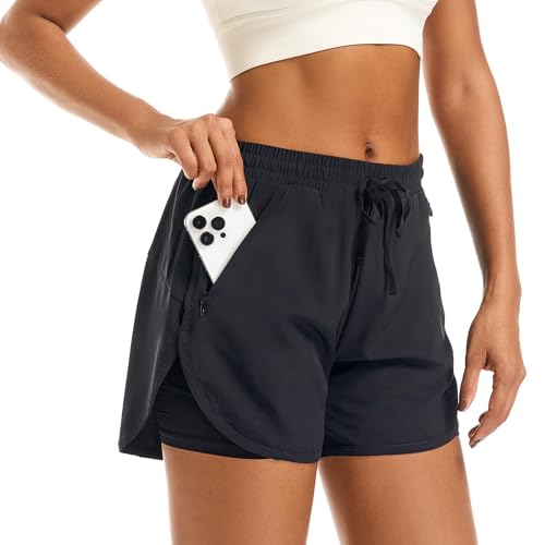 APWKL Damen 2-in-1 Athletic Laufshorts Hohe Taille Workout Casual Gym Sweat Shorts Mesh Comfy Liner Reißverschlusstaschen, Schwarz, X-Groß APWKL Damen 2-in-1 Athletic Laufshorts Hohe Taille Workout Casual Gym Sweat Shorts Mesh Comfy Liner Reißverschlusstaschen, Schwarz, X-Groß von APWKL