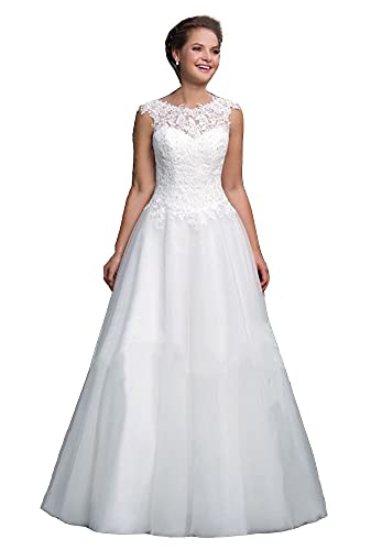 APZKNHDA Damen U-Ausschnitt Lace Up Back Hochzeitskleid A-Linie Tüll Brautkleider, Weiß, 36 von APZKNHDA