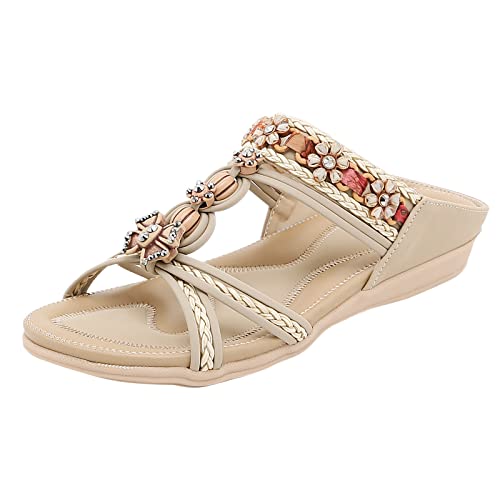 AQ899 Summer Women Slip-On Sandal, Flat Open Toe Rhinestone Slippers, Rubber Sole, Comfortable Soft Beach Shoes von AQ899
