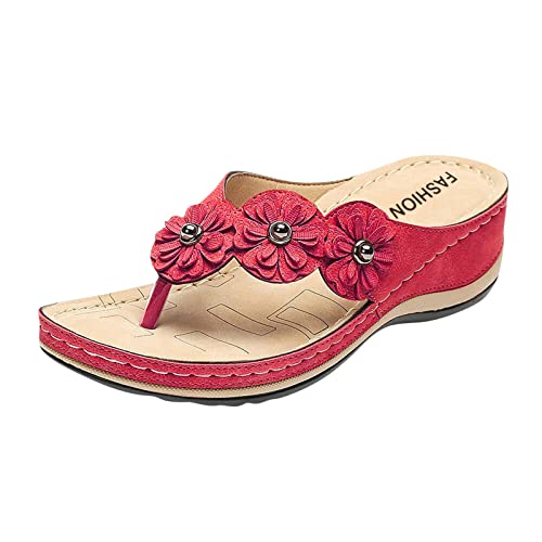 AQ899 Summer Women Wedge Flip Flops, Orthopaedic Sandals Arch Support, Slip On Flower Decorated Slppers, Bohemian Shoes, Thick Sole Beach Shoes von AQ899