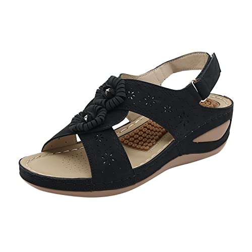 AQ899 Women's Open Toe Orthopaedic Sandals Women's Buckle Straps Flip Flops with Flower Pattern Summer Wedge Shoes with Soft Rubber Sole Comfortable Roman Flat Slippers Slingback Sandals von AQ899