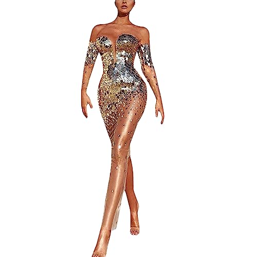 Women Cocktail Party Dresses Sequined One Houlder Sexy Mesh See Through Long Evening Gown Elegant Dress for Going Out A-71 von AQ899