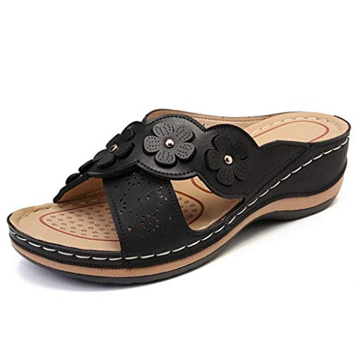 Women Open Toe Orthopaedic Sandals Summer Wedge Slippers with Soft Rubber Comfortable Roman Flat Slippers Slingback Sandals With Flower Decoration Outdoor Solid Color Slides Thick Sole Bohemian Shoes von AQ899