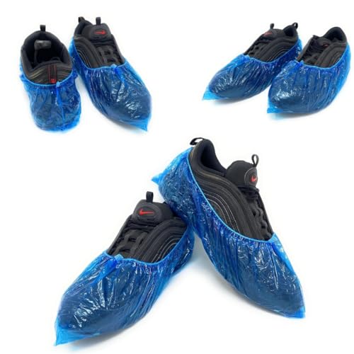 100 Stück | Einweg-PE-Schuhüberzieher 3gr. - Hohe Reißfestigkeit - Verstärktes Gummiband - Persönliche Schutzausrüstung für PSA - Haushaltsreinigung - Gartenarbeit - Transparente blaue Farbe von AQASKIN