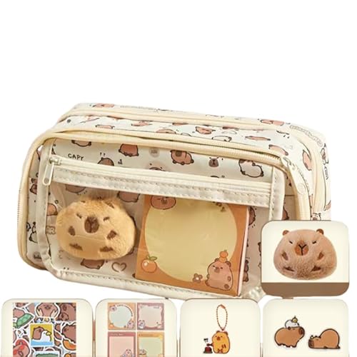 AQCQDQ Aesthetic Clear Pencil Case, Niedliches Capybara Federmäppchen Set, Weit öffnender Stiftbeutel mit Fächern, Multi Layers Stift Tasche beinhaltet Aufkleber für Teen Boys Mädchen von AQCQDQ