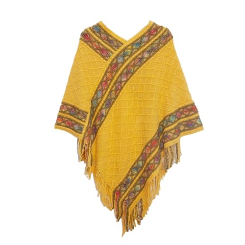 AQCQDQ Damen Retro Pullover Quaste Schal, Winterschal Umhang Damen Pullover Poncho Mit V Ausschnitt, Gestrickter Schal im Retro Ethno Stil, Zopfmuster Cape Wickeltuch Mit Fransen (Gelb,Einheitsgröße) von AQCQDQ