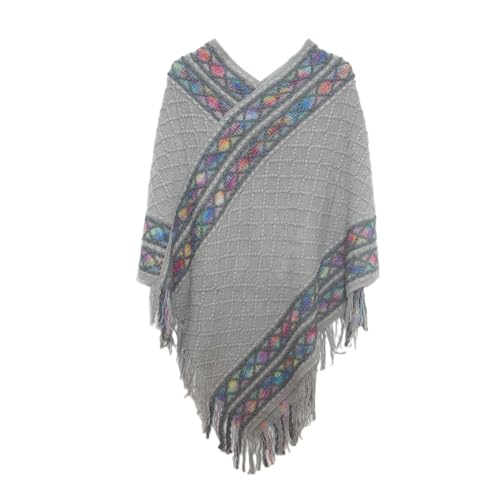 Damen Retro Pullover Quaste Schal, Winterschal Umhang Damen Pullover Poncho Mit V Ausschnitt, Gestrickter Schal im Retro Ethno Stil, Zopfmuster Cape Wickeltuch Mit Fransen (Grau,Einheitsgröße) von AQCQDQ