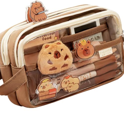 AQCQDQ Niedliches Capybara Federmäppchen Set, Transparente große Bleistifttasche Niedlicher Stifthalter mit 2 Fächer Mädchen Jungen, Weit öffnender Stiftbeutel mit Fächern (Capybara B,1 pc) von AQCQDQ