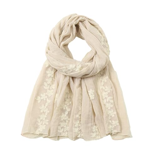 AQCQDQ Schal mit Stickerei, Blumenmuster, Lang Bestickt Mode Schlicht und Dünn Schal, Weich Seidenschal Modischer Leinen Tuch Damen für Frühling Sommer Mode Schlicht und Dünn (Beige,180 * 90cm) von AQCQDQ