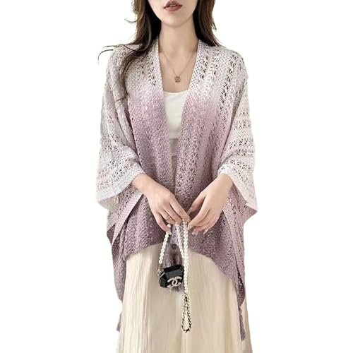 Damen Weiche Schlichte Poncho Capes Retro Cardigans Pullover Frühling Sommer Herbst Gestrickt Dekorativ Umschlagtuch Schal Damen Schal Wickel Poncho Boho Häkel Cardigan Umhang (Lila 2,Einheitsgröße) von AQCQDQ