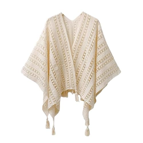 Damen Weiche Schlichte Poncho Capes Retro Cardigans Pullover Frühling Sommer Herbst Gestrickt Dekorativ Umschlagtuch Schal Damen Schal Wickel Poncho Boho Häkel Cardigan Umhang (Beige,Einheitsgröße) von AQCQDQ