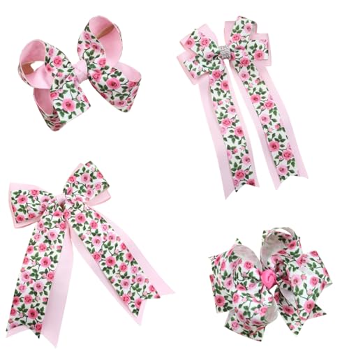 Haarschleifen Clips, Schleifen Haarspange Rosen Bedruckte Haarspange mit Flatterband, Mädchen-Haarschleifen Satin Haarschleife Damen Elegante Schleifen Haarklammer (4PCS) von AQCQDQ