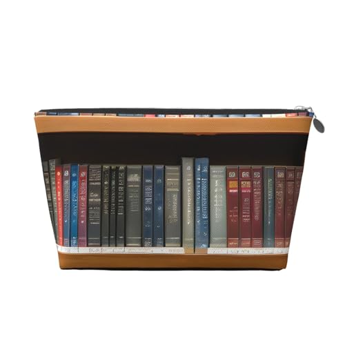 Bibliotheks-Bücherregal, 1 bedrucktes Leder, Reise-Kulturbeutel für Damen, Reisetasche für Toilettenartikel, Kosmetiktasche, Make-up-Tasche, silber, Einheitsgröße, Kulturbeutel von AQHNBM