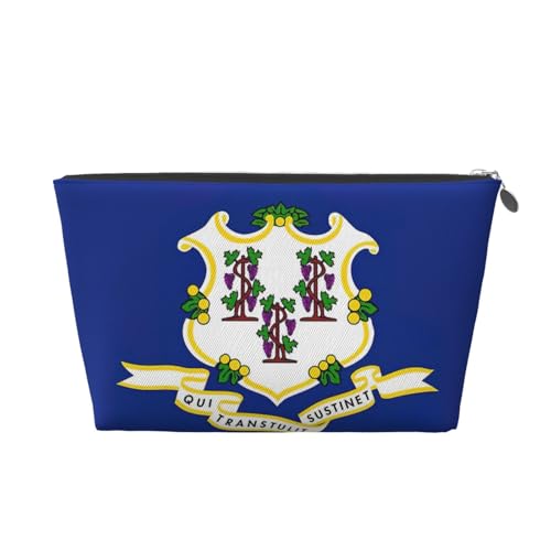 Connecticut Reise-Kulturbeutel aus Leder mit Staatsflaggen-Druck, für Damen, Reisetasche für Toilettenartikel, Kosmetiktasche, Make-up-Tasche, silber, Einheitsgröße, Kulturbeutel von AQHNBM