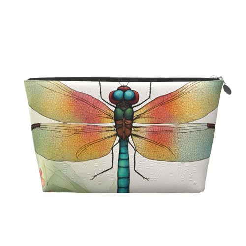 Kulturbeutel aus Leder, Motiv: bunte Libelle, 1 Stück, für Damen, Reisetasche für Toilettenartikel, Kosmetiktasche, Make-up-Tasche, silber, Einheitsgröße, Kulturbeutel von AQHNBM