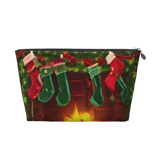 Kulturbeutel aus Leder mit Aufdruck "Merry Christmas" für Damen, Reisetasche für Toilettenartikel, Kosmetiktasche, Make-up-Tasche, silber, Einheitsgröße, Kulturbeutel von AQHNBM