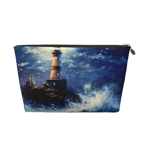 Kulturbeutel aus Leder mit Leuchttürmen bedruckt, für Damen, Reisetasche für Toilettenartikel, Kosmetiktasche, Make-up-Tasche, gold, Einheitsgröße, Kulturbeutel von AQHNBM