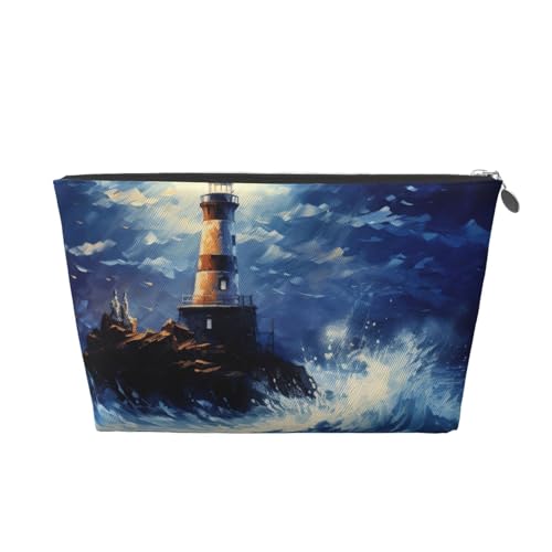 Kulturbeutel aus Leder mit Leuchttürmen bedruckt, für Damen, Reisetasche für Toilettenartikel, Kosmetiktasche, Make-up-Tasche, silber, Einheitsgröße, Kulturbeutel von AQHNBM