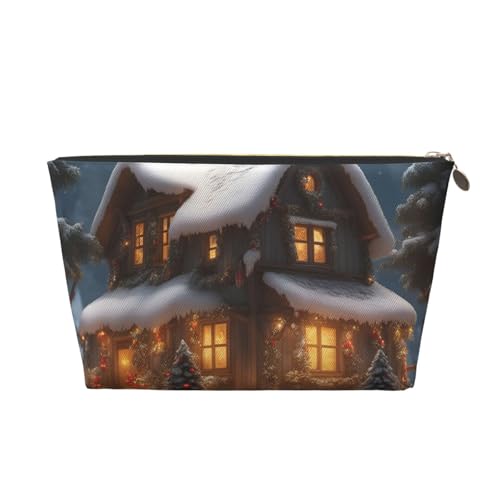 Kulturbeutel aus Leder mit Weihnachtsdorfhaus, 3 Aufdruck, für Damen, Reisetasche für Toilettenartikel, Kosmetiktasche, Make-up-Tasche, gold, Einheitsgröße, Kulturbeutel von AQHNBM