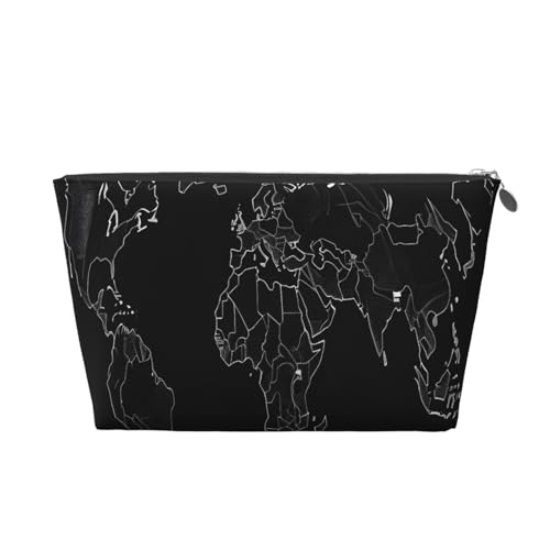 Kulturbeutel aus Leder mit Weltkarten-Aufdruck, für Damen, Reisetasche, Kosmetiktasche, Make-up-Tasche, Schwarz, silber, Einheitsgröße, Kulturbeutel von AQHNBM