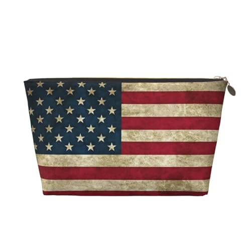 Kulturbeutel aus Leder mit amerikanischer Flagge, für Damen, Reisetasche für Toilettenartikel, Kosmetiktasche, Make-up-Tasche, gold, Einheitsgröße, Kulturbeutel von AQHNBM