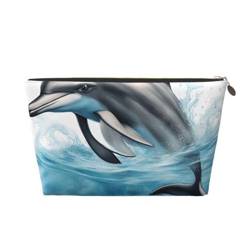 Ocean Delphin Looking at You Print Leder Reise-Kulturbeutel für Damen, Reisetasche für Toilettenartikel, Kosmetiktasche, Make-up-Tasche, gold, Einheitsgröße, Kulturbeutel Ocean Delphin Looking at You Print Leder Reise-Kulturbeutel für Damen, Reisetasche für Toilettenartikel, Kosmetiktasche, Make-up-Tasche, gold, Einheitsgröße, Kulturbeutel von AQHNBM