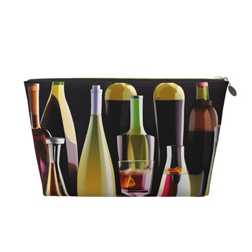 Reise-Kulturbeutel aus Leder mit Cocktailgläsern und Weinflaschen für Damen, Reisetasche für Toilettenartikel, Kosmetiktasche, Make-up-Tasche, gold, Einheitsgröße, Kulturbeutel von AQHNBM