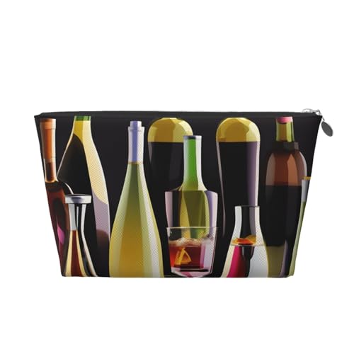 Reise-Kulturbeutel aus Leder mit Cocktailgläsern und Weinflaschen für Damen, Reisetasche für Toilettenartikel, Kosmetiktasche, Make-up-Tasche, silber, Einheitsgröße, Kulturbeutel von AQHNBM