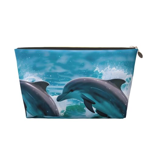 Reise-Kulturbeutel aus Leder mit Delfinen im Meer, für Damen, Reisetasche für Toilettenartikel, Kosmetiktasche, Make-up-Tasche, gold, Einheitsgröße, Kulturbeutel von AQHNBM