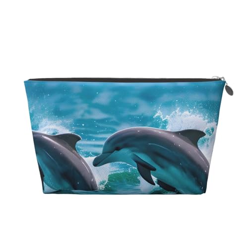 Reise-Kulturbeutel aus Leder mit Delfinen im Meer, für Damen, Reisetasche für Toilettenartikel, Kosmetiktasche, Make-up-Tasche, silber, Einheitsgröße, Kulturbeutel von AQHNBM