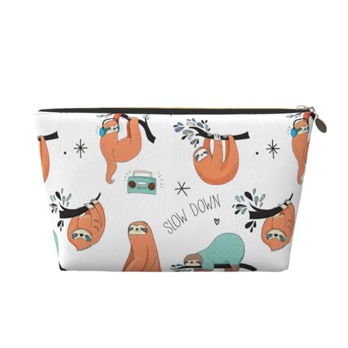 Reise-Kulturbeutel aus Leder mit Faultier-Aufdruck, für Damen, Reisetasche, Kosmetiktasche, Make-up-Tasche, Braun, gold, Einheitsgröße, Kulturbeutel von AQHNBM