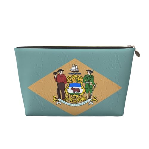 Reise-Kulturbeutel aus Leder mit Flagge von Delaware für Damen, Reisetasche für Toilettenartikel, Kosmetiktasche, Make-up-Tasche, gold, Einheitsgröße, Kulturbeutel von AQHNBM