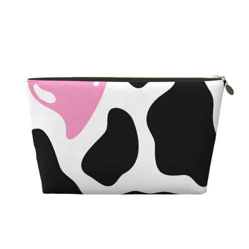 Reise-Kulturbeutel aus Leder mit Kuh-Aufdruck, für Damen, Reisetasche, Kosmetiktasche, Make-up-Tasche, Schwarz / Weiß, gold, Einheitsgröße, Kulturbeutel von AQHNBM