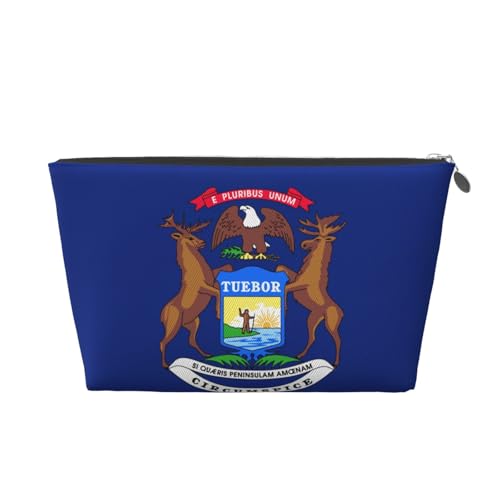 Reise-Kulturbeutel aus Leder mit Michigan-Staatsflaggen-Aufdruck für Damen, Reisetasche für Toilettenartikel, Kosmetiktasche, Make-up-Tasche, silber, Einheitsgröße, Kulturbeutel von AQHNBM