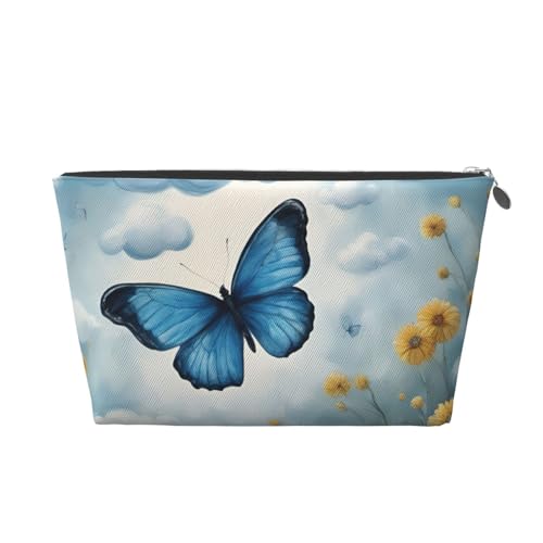 Reise-Kulturbeutel aus Leder mit blauem Schmetterling und Wolken für Damen, Reisetasche für Toilettenartikel, Kosmetiktasche, Make-up-Tasche, silber, Einheitsgröße, Kulturbeutel Reise-Kulturbeutel aus Leder mit blauem Schmetterling und Wolken für Damen, Reisetasche für Toilettenartikel, Kosmetiktasche, Make-up-Tasche, silber, Einheitsgröße, Kulturbeutel von AQHNBM