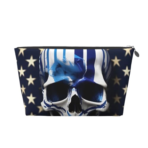 Reise-Kulturbeutel aus Leder mit blauen Streifen und Sternen und Totenkopf-Aufdruck, für Damen, Reisetasche für Toilettenartikel, Kosmetiktasche, Make-up-Tasche, silber, Einheitsgröße, Kulturbeutel von AQHNBM