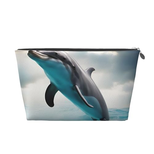 Reise-Kulturbeutel aus Leder mit lustigem Delfin-Motiv für Damen, Reisetasche für Toilettenartikel, Kosmetiktasche, Make-up-Tasche, silber, Einheitsgröße, Kulturbeutel von AQHNBM