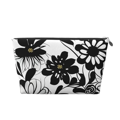 Reise-Kulturbeutel aus Leder mit schwarzem und weißem Blumendruck, für Damen, Reisetasche für Toilettenartikel, Kosmetiktasche, Make-up-Tasche, silber, Einheitsgröße, Kulturbeutel von AQHNBM