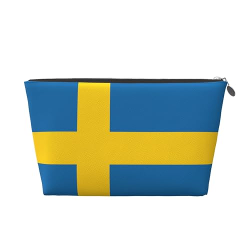 Reise-Kulturbeutel aus Leder mit schwedischer Flagge, für Damen, Reisetasche für Toilettenartikel, Kosmetiktasche, Make-up-Tasche, silber, Einheitsgröße, Kulturbeutel von AQHNBM